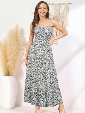 Grace Karin Black and White Floral Smocked Maxi Dress
